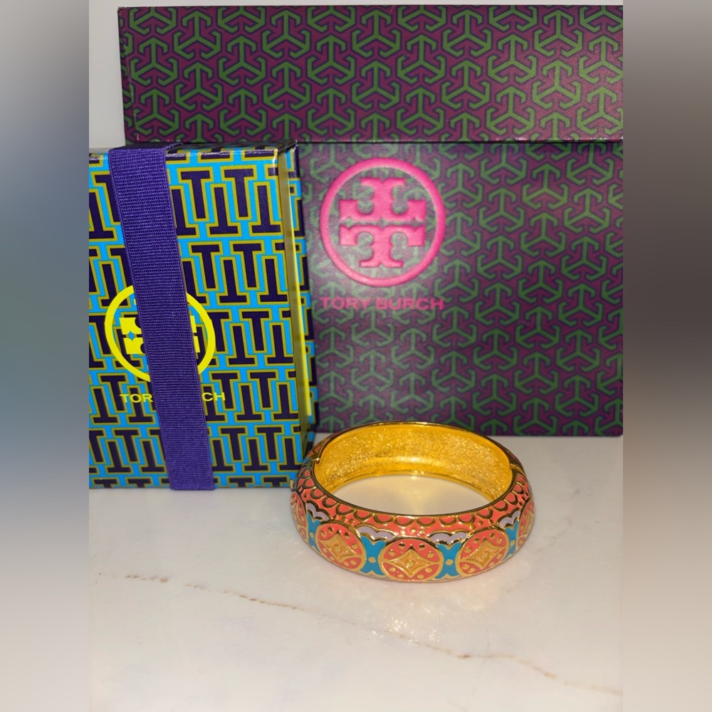 Signed Joan Rivers 1990 collectible hinged enamel orange, blue, gold-tone bangle